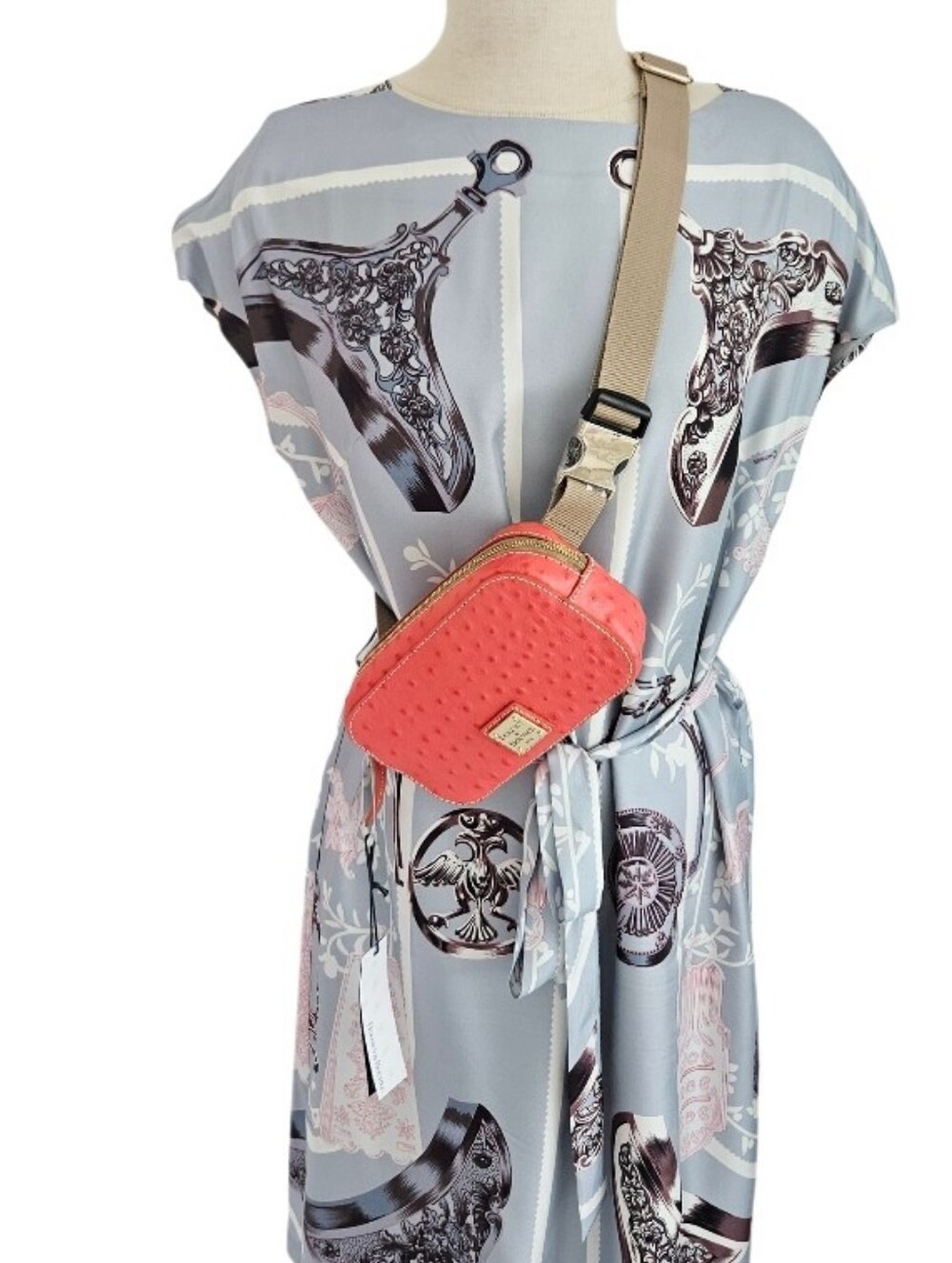 NWT Dooney & Bourke Coral Ostrich Leather Belt & Crossbody  Bag with Tan Strap - Picture 13 of 13